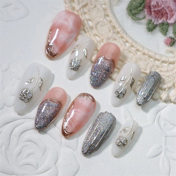 Qfdian Handmade Wearable Press On Nails Y2k Fairy Medium Almond Fake Nails Light Luxury Charms Fake Nails Manicure Ballerina Detachable